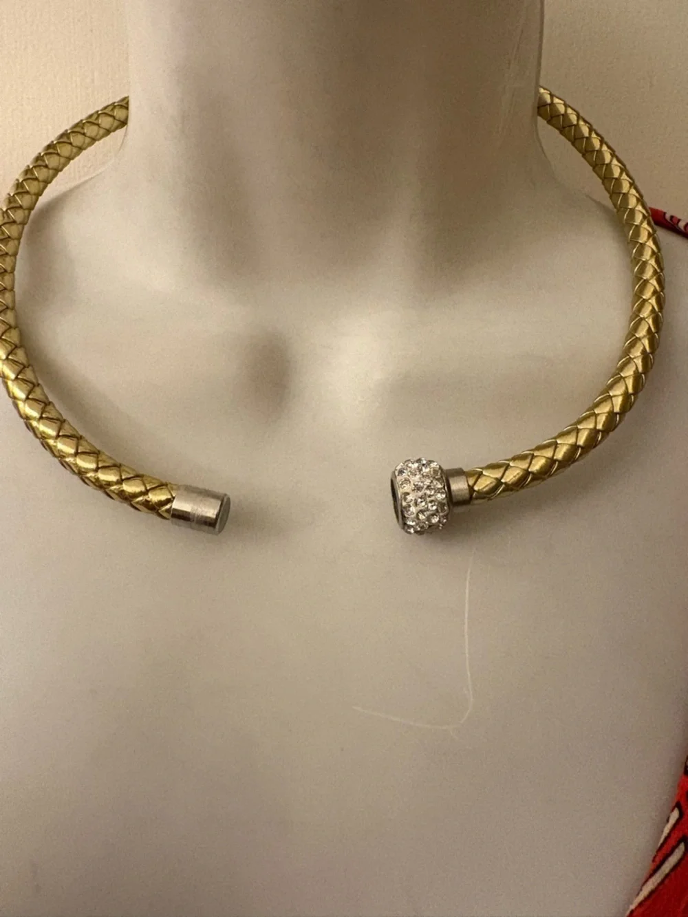 Gold Braided Choker Necklace with Crystal Accent Bead - Picture 2 of 2